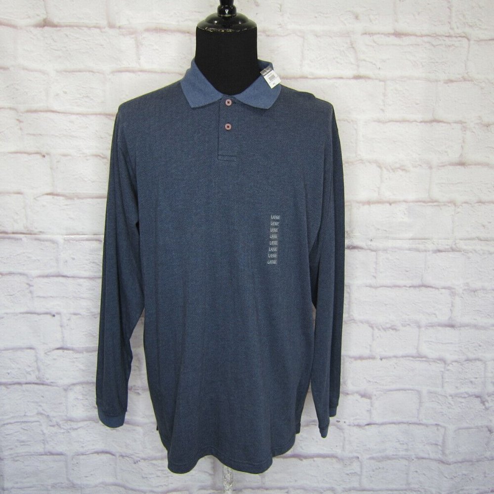 Egon Von Furstenberg Men's size L Blue Herringbone Long Sleeve Polo Shirt New!